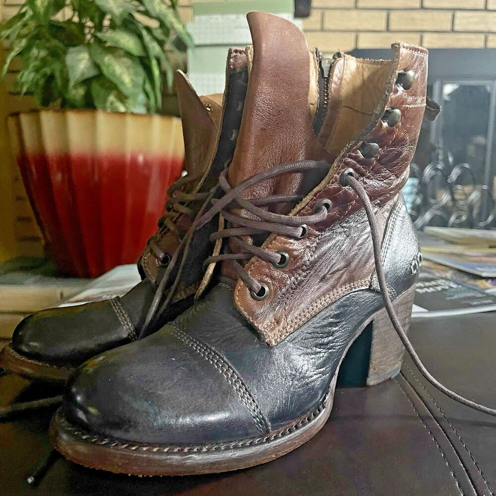 Bed Stu Cobbler Series Distressed Hollow Rustic Teak Boots 7.5 Side Zip Lace Up